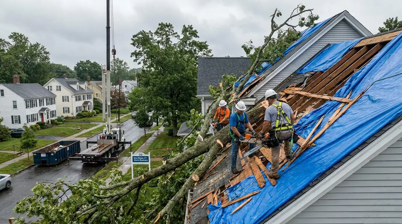 Crew securing a storm-damaged roof with blue tarps after a tree fall, aerial view