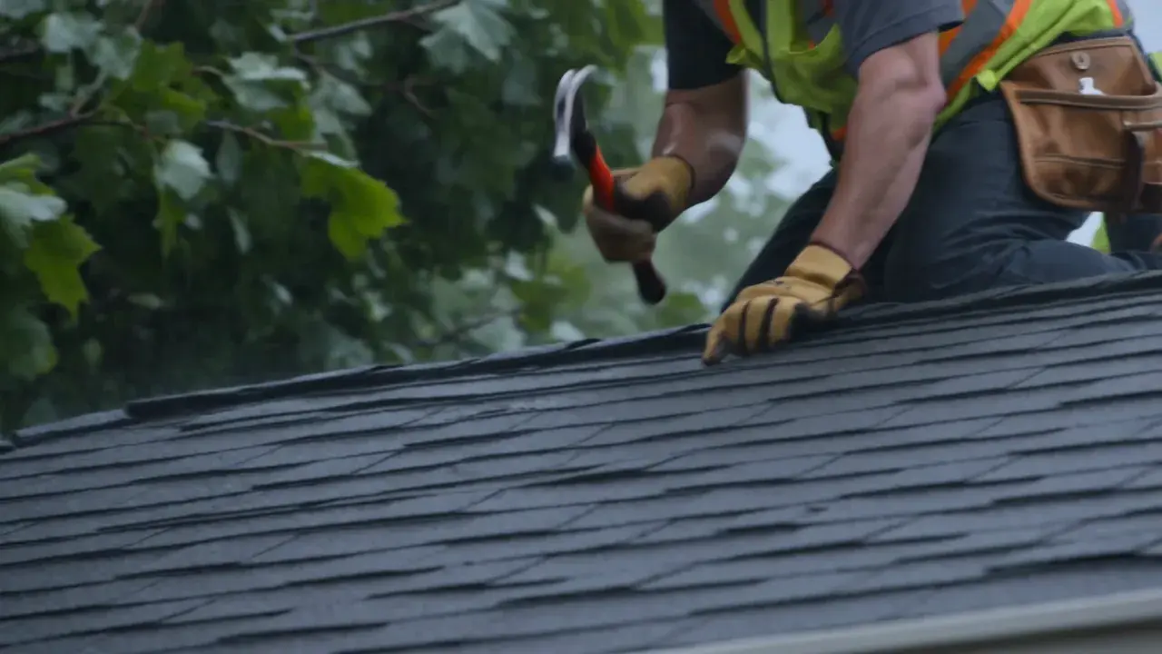 Roofer installing new shingles on a repaired residential roof