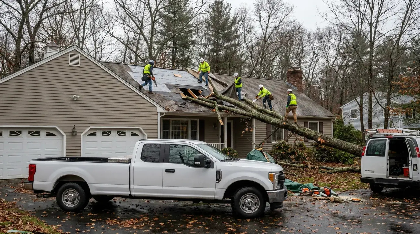 Roofing crew on a storm-damaged residential roof beginning repairs after a fallen tree