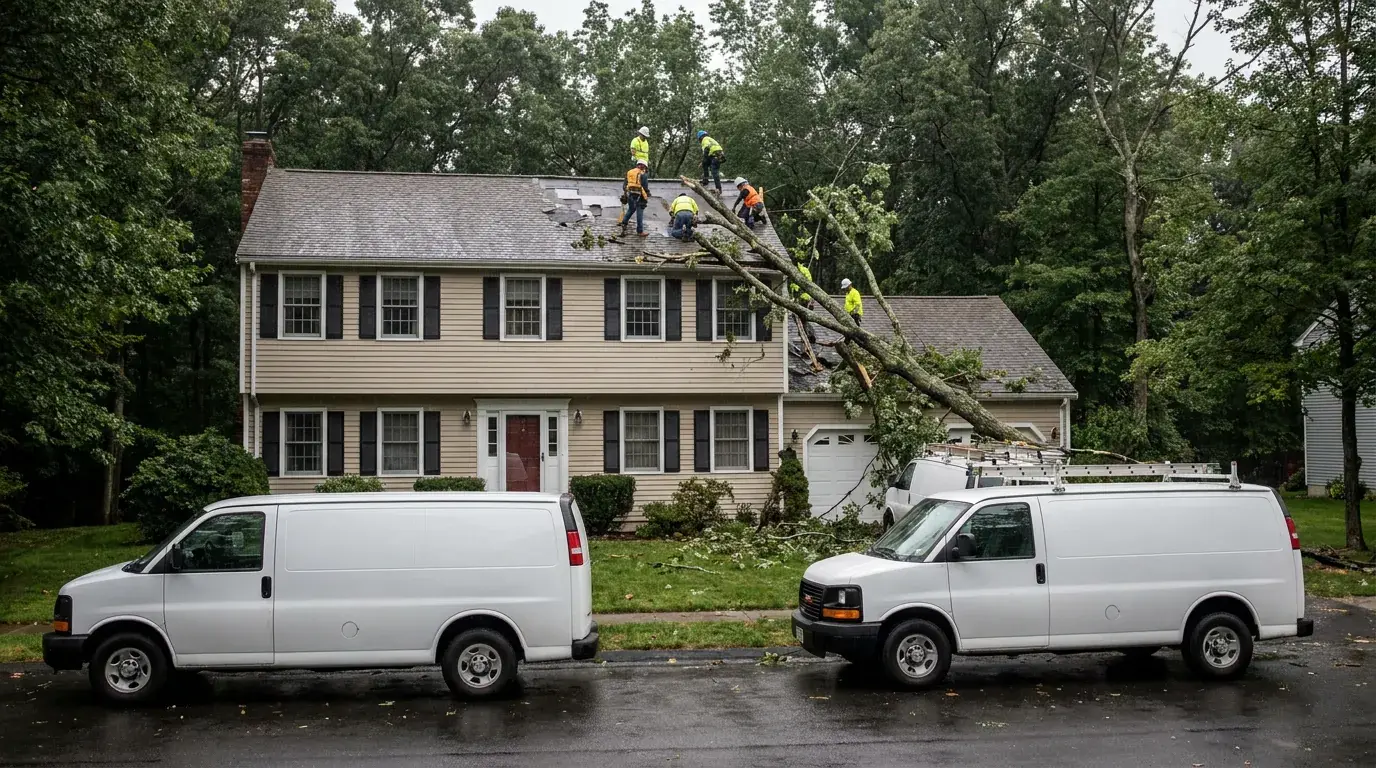 Colonial home with a large tree fallen across the roof after a storm, crew and vans on site