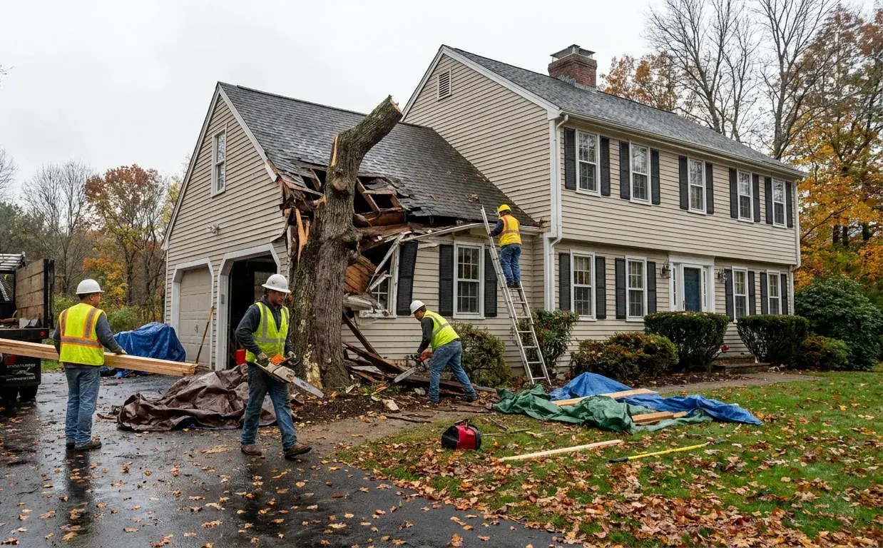 Tree fallen through the roof and wall of a two-story home, crew assessing the structural damage