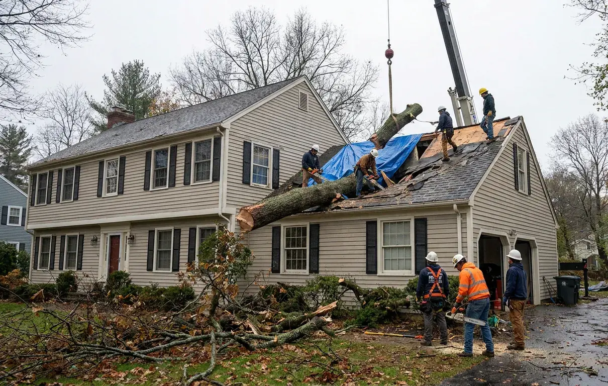 Crane lifting a fallen tree off a home's roof after a wind storm